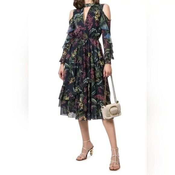 NWT Marchesa Notte Floral Print Cold Shoulder Ruffle Midi Dress - Picture 1 of 12